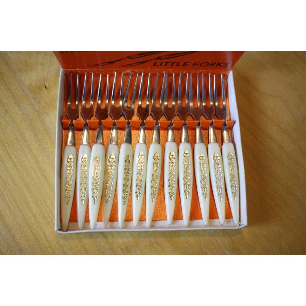 12 Little Cocktail Forks Mini Stainless Steel MCM Gold Embellished Handles